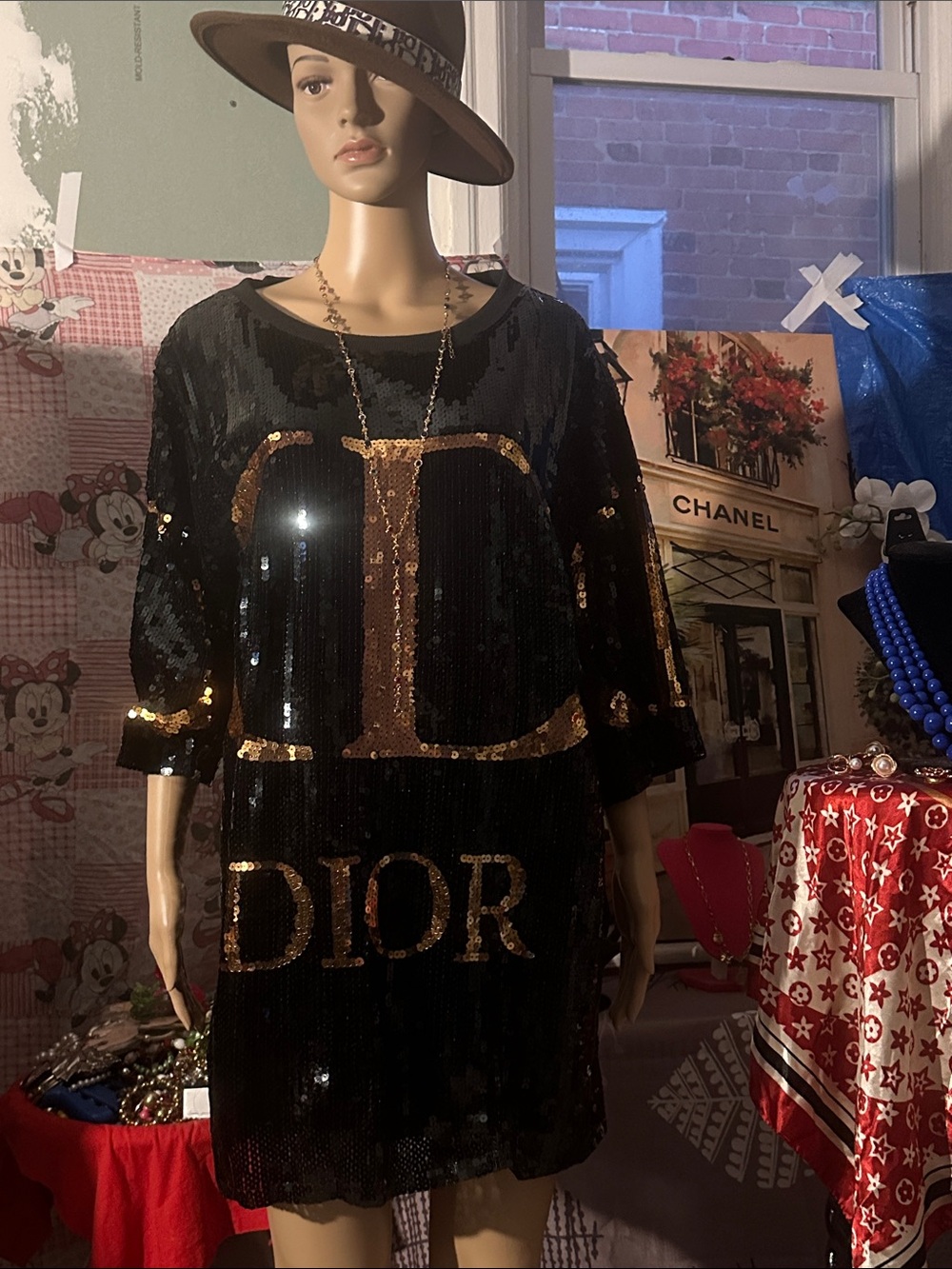 Dior Sequin Logo Black & Gold Shift Dress